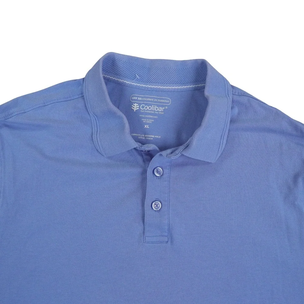Coolibar Mens XL Coppitt Long Sleeve‎ Weekend Polo Shirt Blue UPF 50+ Beach Surf